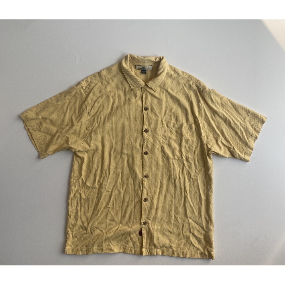 Tommy Bahama Shirt Mens Large Yellow 100% Silk Button Up Vacation Beach Tropical